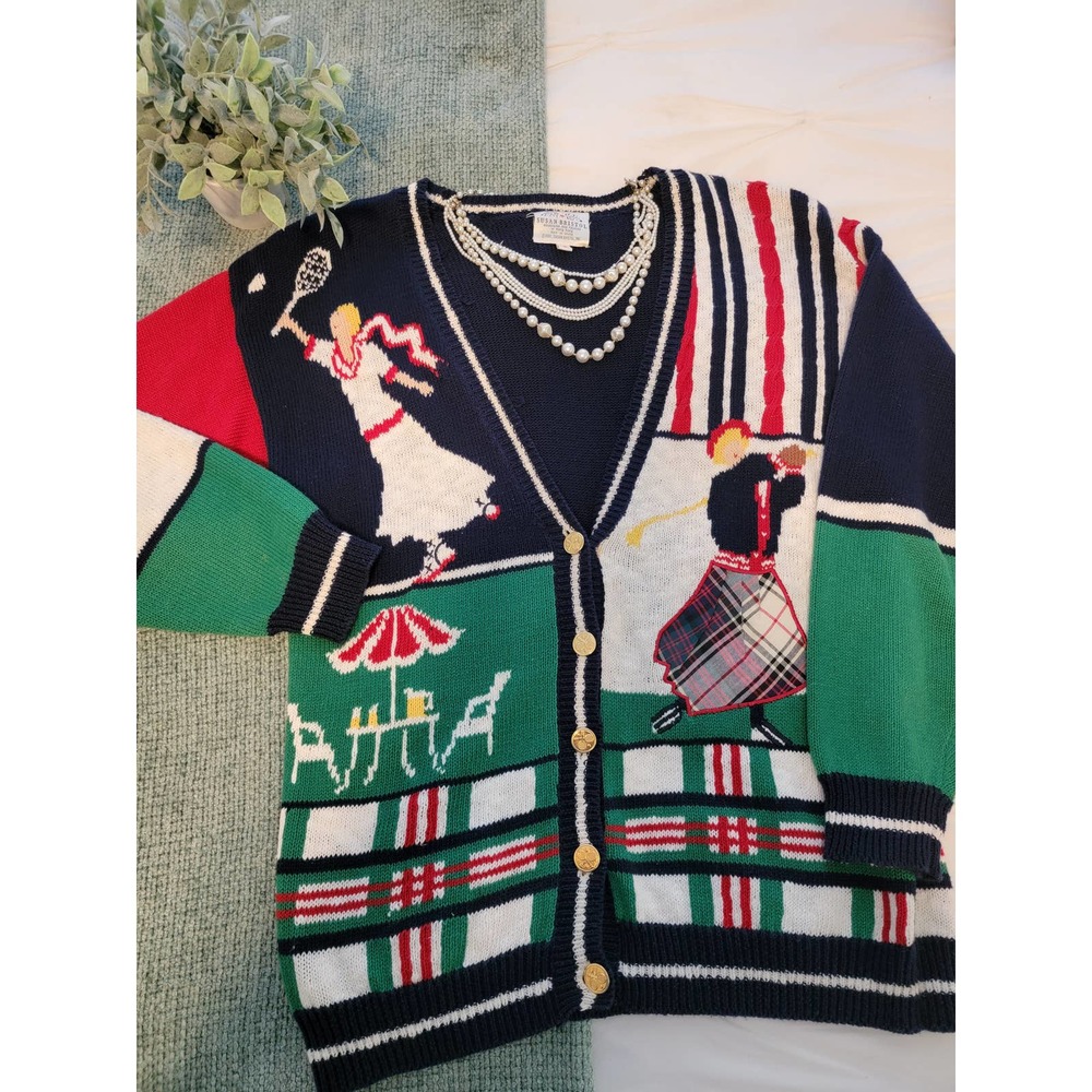 Vintage Susan Bristol Tennis and Golf Country Club Novelty Cardigan Sweater